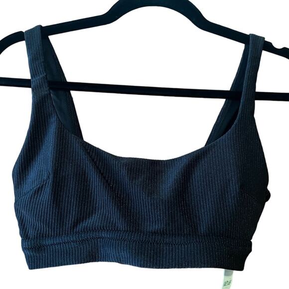 NWT Aerie Women's Ribbed Shimmer Banded Wide Strap Scoop Bikini Top True Black S - Picture 1 of 11